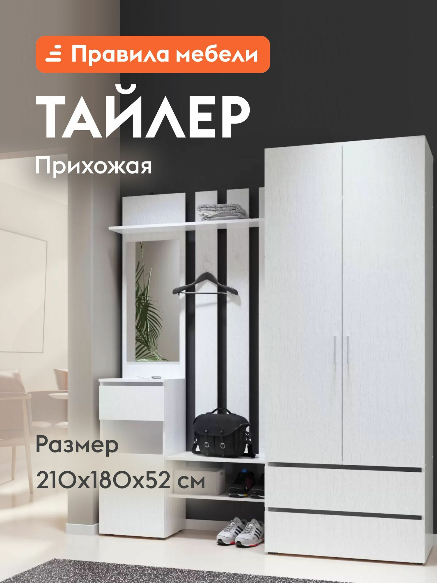 Прихожая комплект Тайлер со шкафом, с полками, с обувницей, с вешалкой, с зеркалом, 180х52х210 см, Белый текстурный