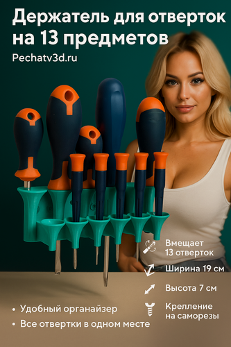 Изображение товара Настенный держатель для отверток, бирюзовый, 13 отсеков, пластик