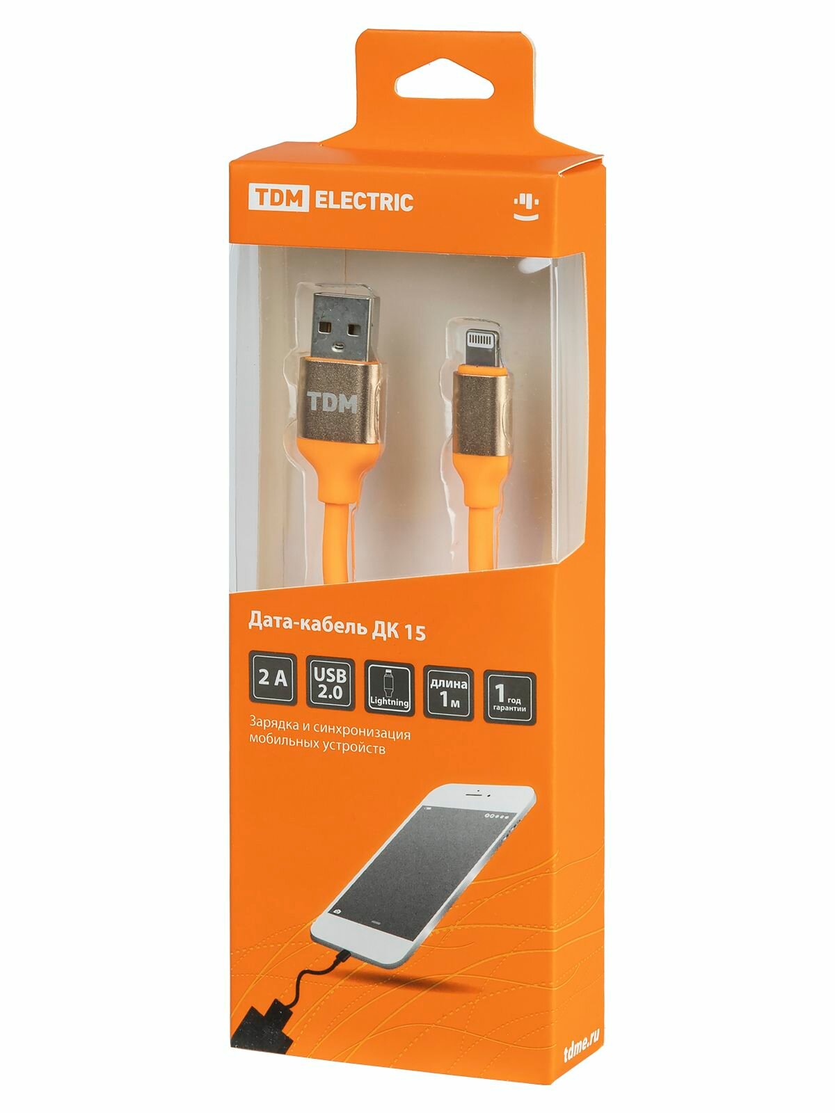 Провод для айфона Lightning 1 м, силиконовая оплетка, оранжевый, TDM ELECTRIC — фото 1