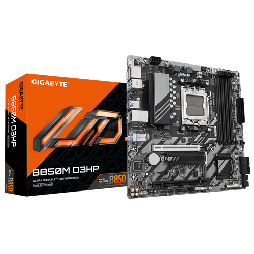 Материнская плата Gigabyte B850M D3HP Socket AM5, AMD B850, 4xDDR5-5200, HDMI+DP+DP, 2xPCI-Ex16, 4xSATA3 (RAID 0/1/10), 2xM.2, 8 Ch Audio, 1x2, 5GLan, (2+4)xUSB2.0, (3+2)xUSB3.2, (1+1)xUSB Type-CTM, 1xPS/2, mATX, RTL уц-5-1