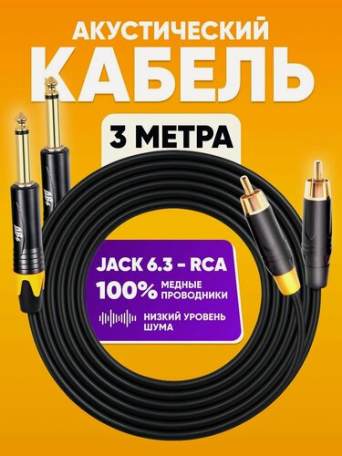 Изображение товара Акустический кабель 2 x RCA - 2 x Jack 6.3 mm 3m stereo / Аудио кабель ABs Music , шнур для музыкальной аппарутры