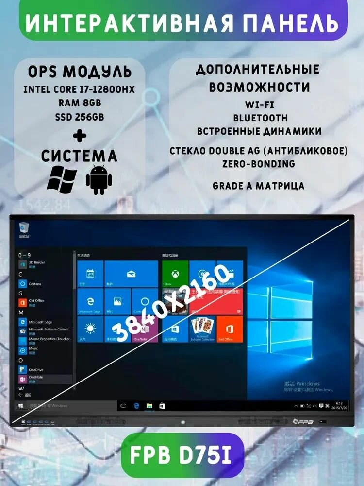 Интерактивная панель FPB T75i, диагональ 75", разрешение 3840 x 2160, 4K