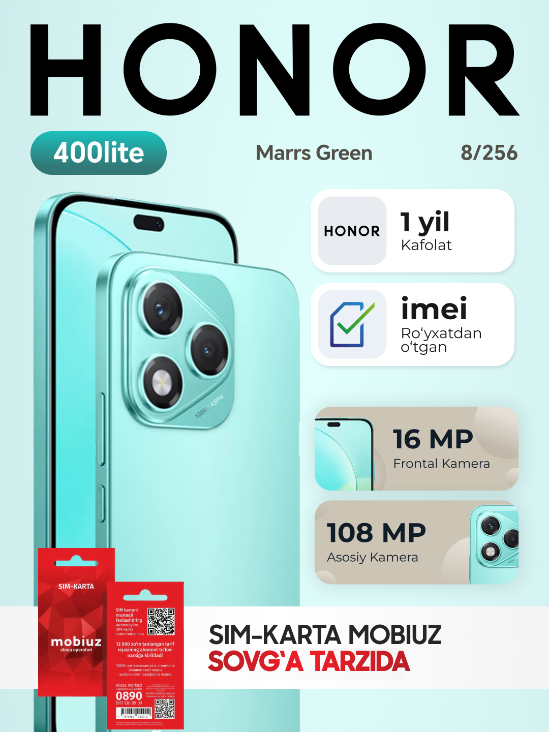 Смартфон Honor 400 Lite, 8GB/256GB, AMOLED 120Hz, IP65, защита от воды и пыли, цвет Вельветовый бирюзовый