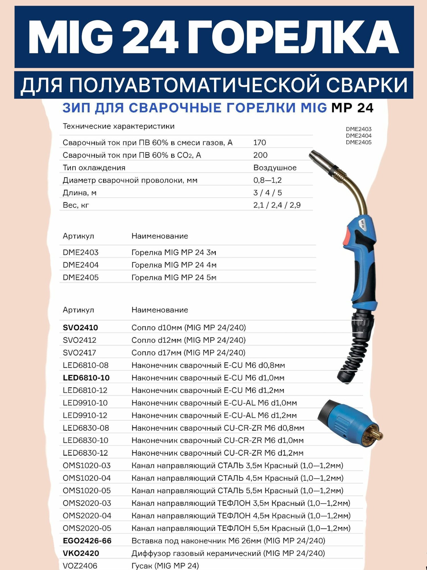 Горелка для полуавтомата MIG MP 24 4м DME2404 — фото 1