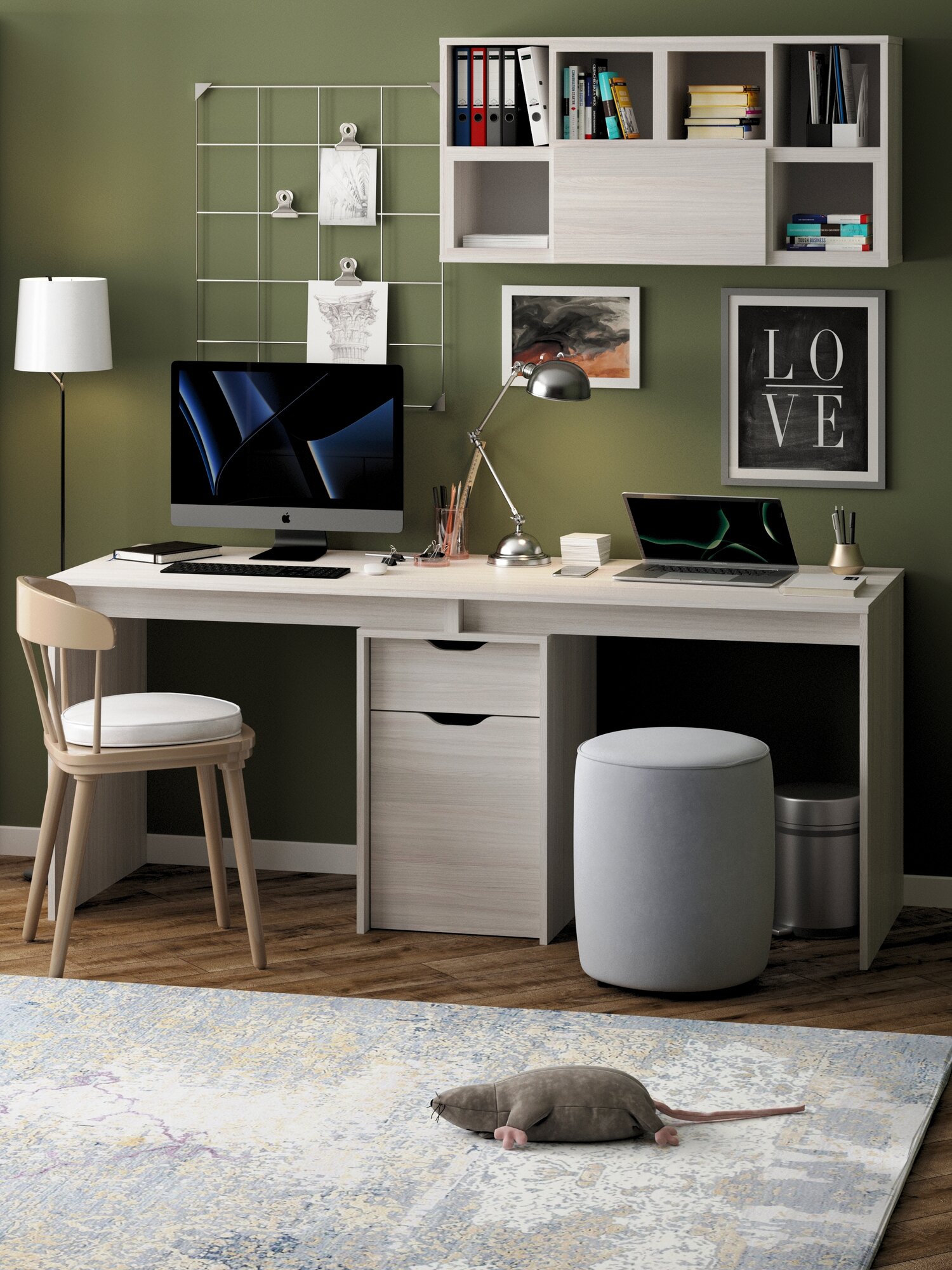 Есэндвич Grand Лаворо 6 Компьютерный стол для двоих, двойной, с тумбой 180х60х75 см (Ясень-шимо светлый)