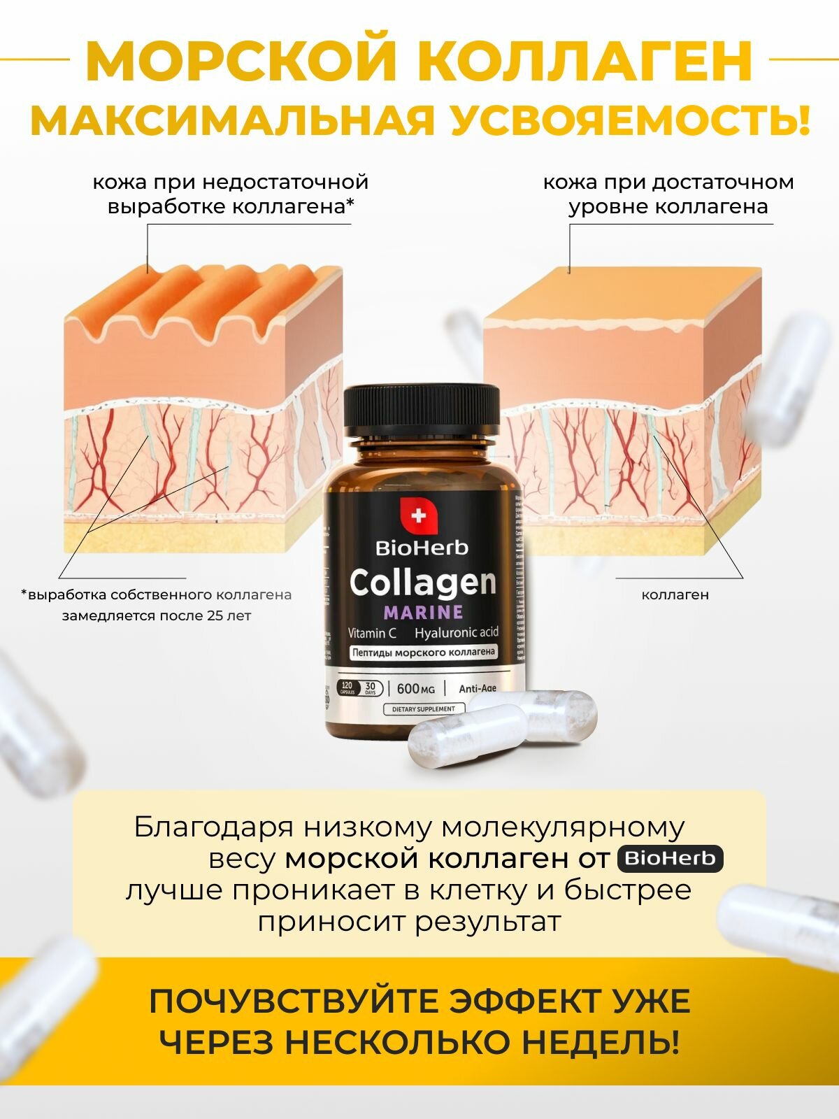 Морской коллаген с витамином С и гиалуроновой кислотой, 120 капсул — фото 1