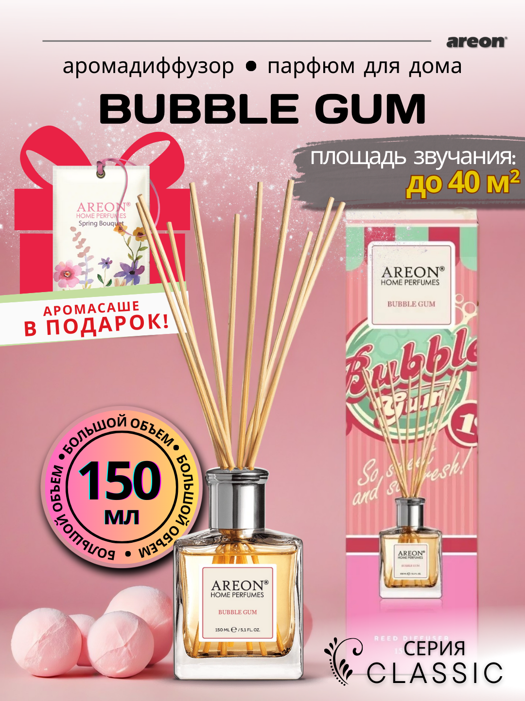 Ароматический диффузор для дома Areon Classic, аромат Bubble Gum, 150 мл + аромасаше в подарок