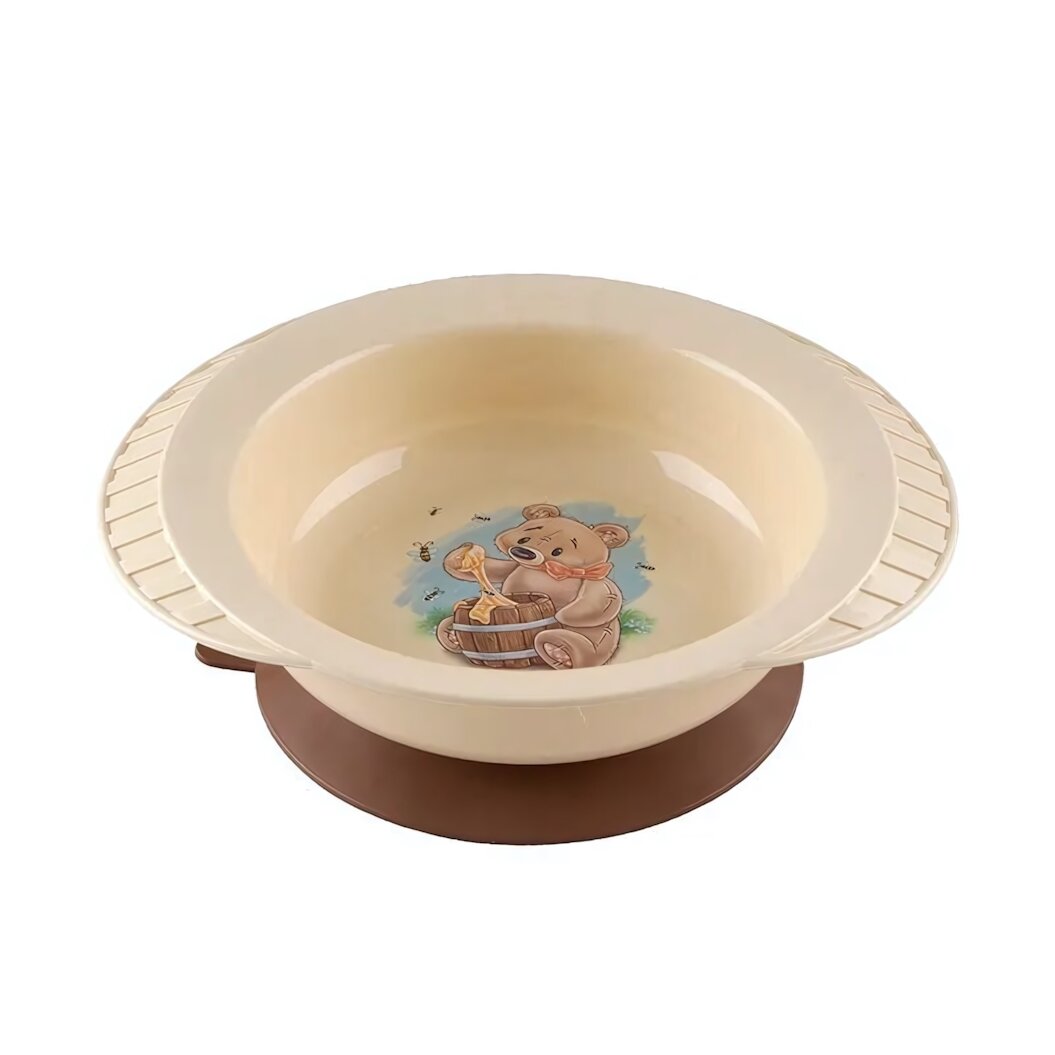 Тарелка детская на присоске "Polly", круглая, с рисунком медвежонка, цвет в ассортименте