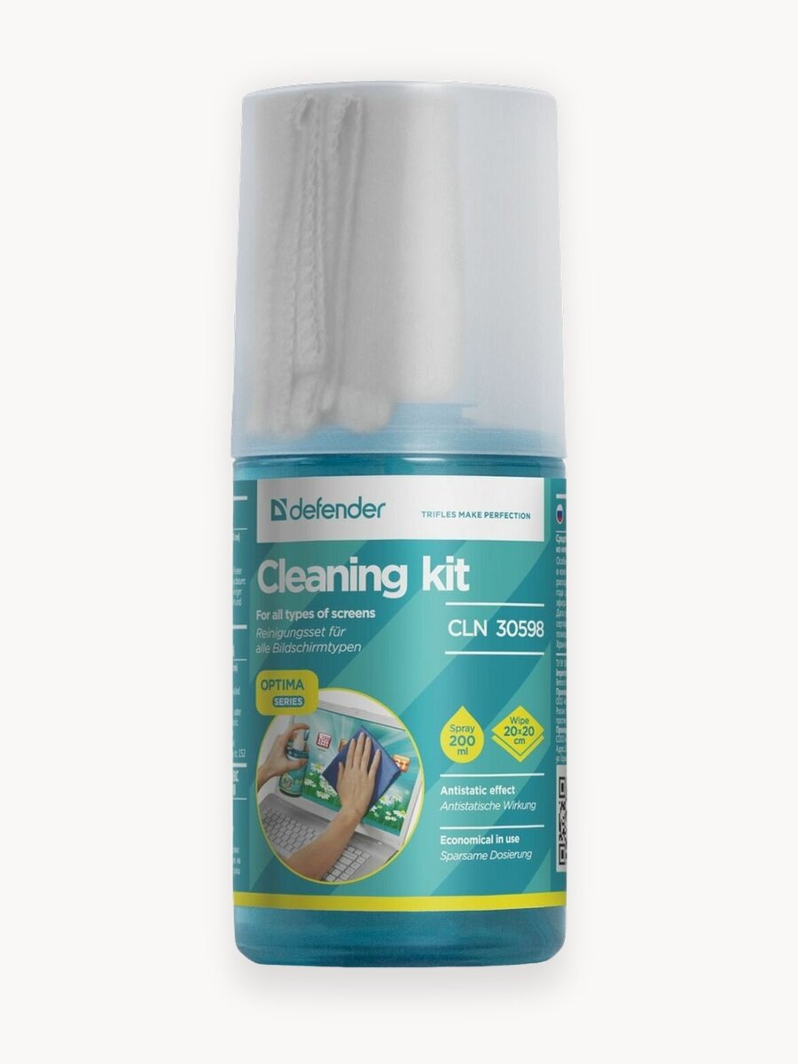 Очищающий комплекс: салфетка из микрофибры + чистящее средство Defender Optima 200 мл , для экрана , монитора , телефона , оптики и стекол