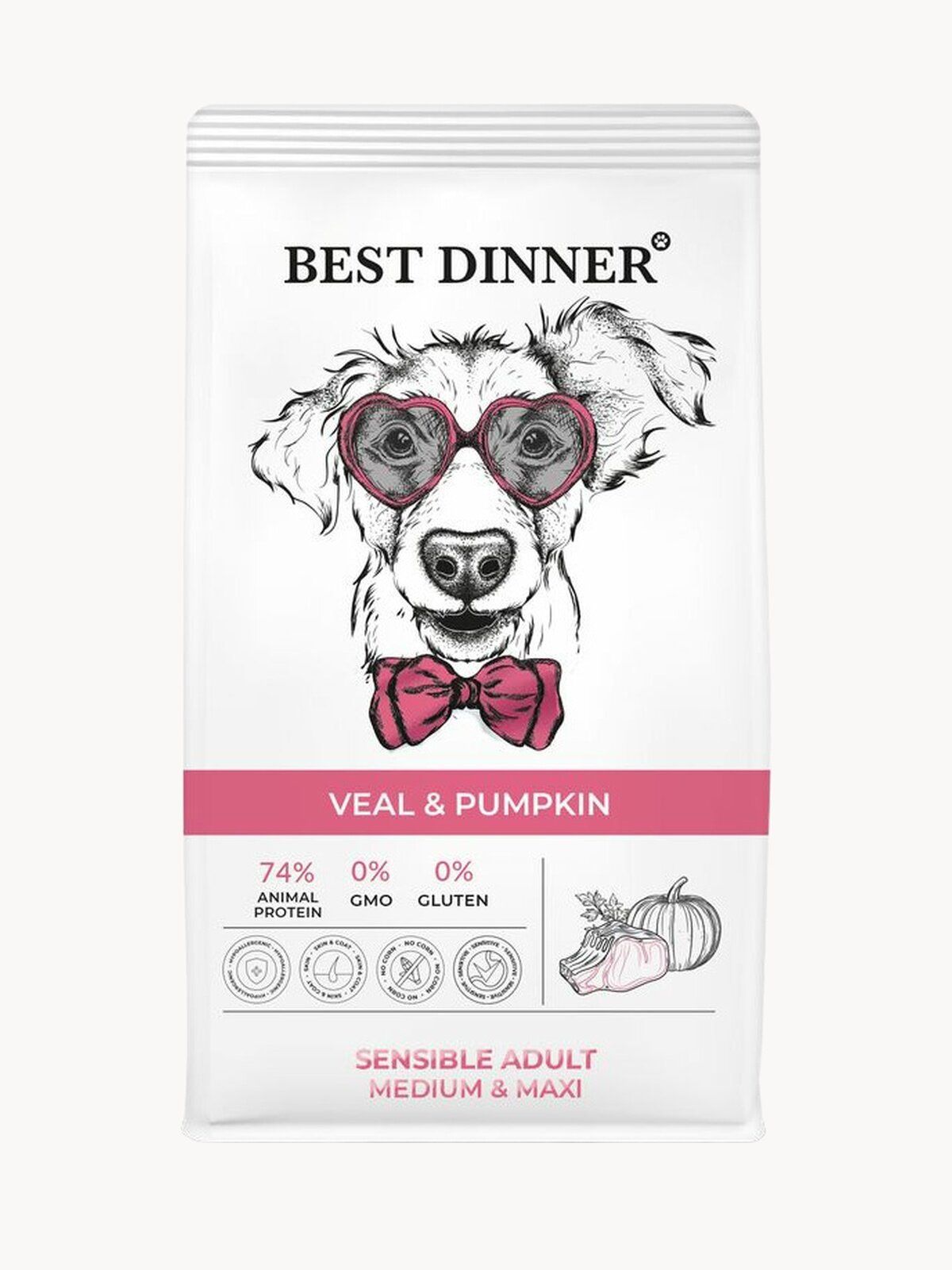 Корм сухой для собак средних и крупных пород супер премиум класса с телятиной и тыквой при чувствительном пищеварении, 12 кг Best Dinner (Бест Диннер)