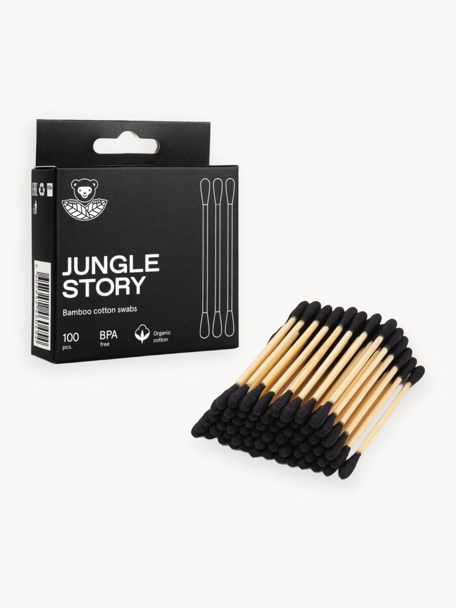 Эко-ватные палочки Jungle Story, бамбуковые, черные, 100 шт