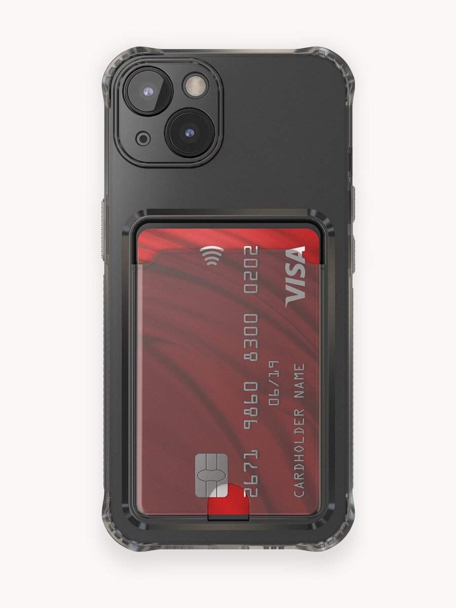 Противоударный чехол накладка на iPhone 13 / Айфон 13, темно-прозрачный с карманом