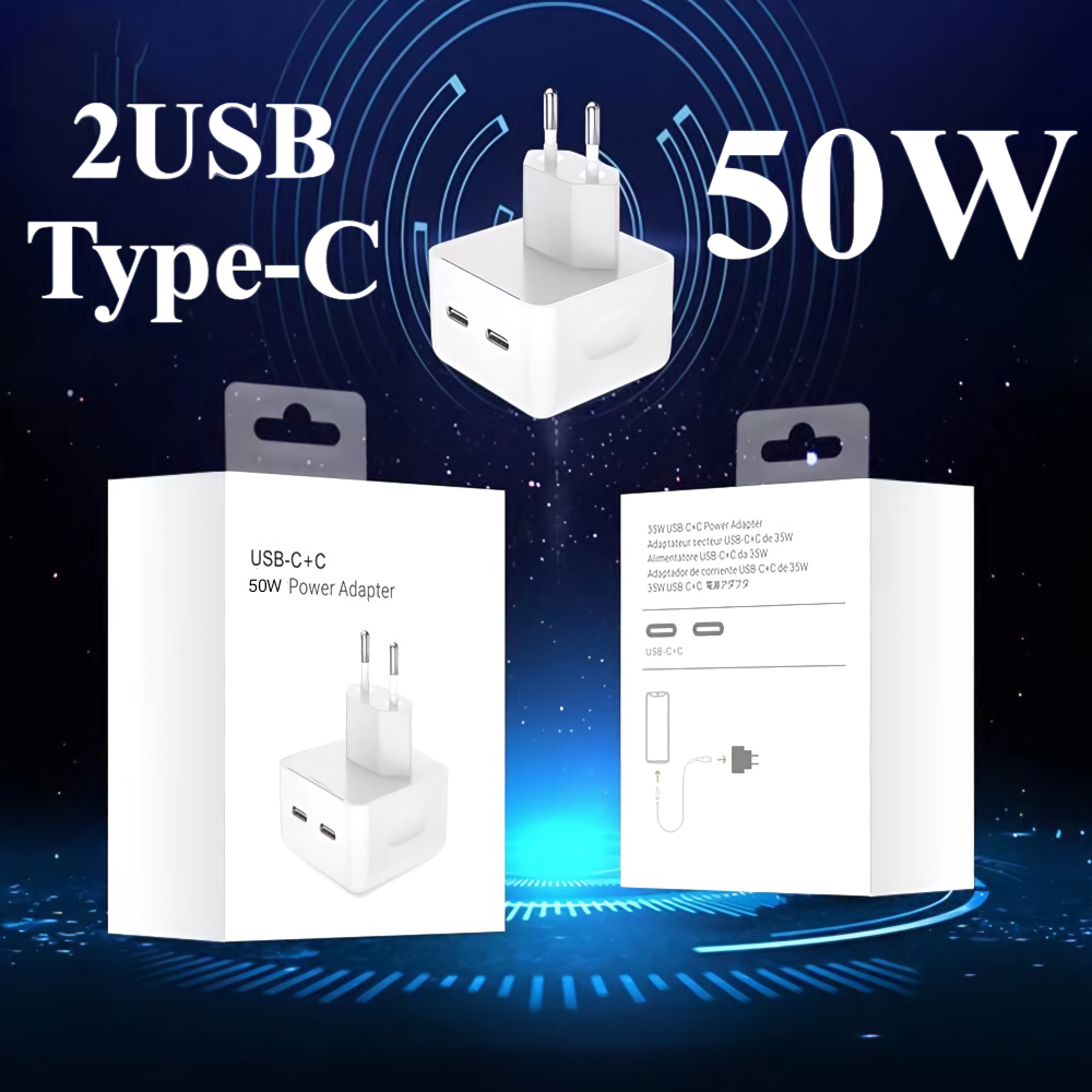 Адаптер питания 50W / 2 разъема Type-C / Быстрая зарядка для iPhone, iPad, AirPods