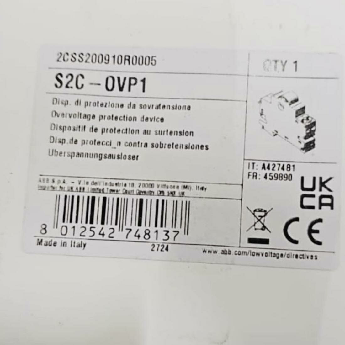 S2C-OVP1 Реле максимального напряжения ABB 2CSS200910R0005 275В АС для S200 F200 DS201 DS202C
