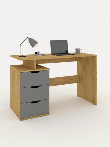 Изображение товара Есэндвич Лаворо 8 Компьютерный стол с ящиками 120х76х53 см левый (Дуб бунратти/Вулканический серый)