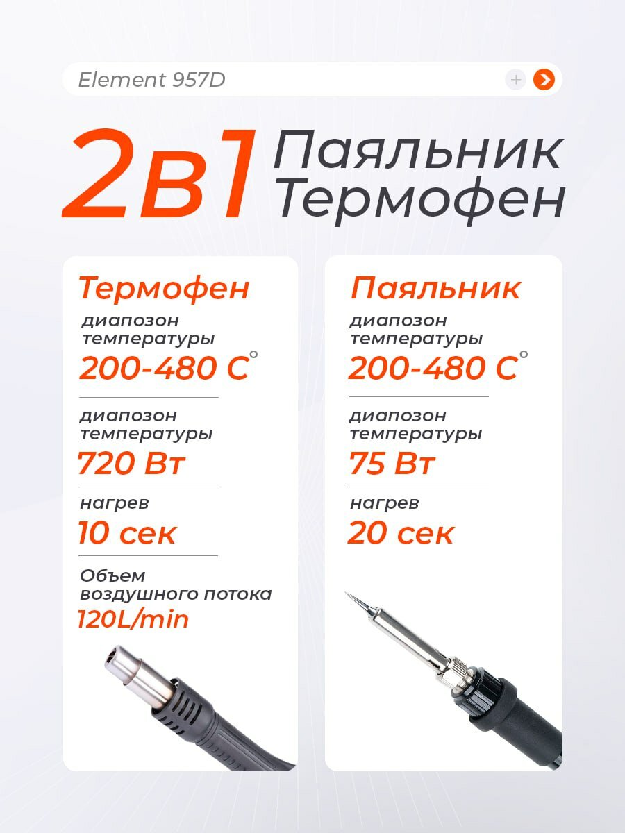 Паяльная станция ELEMENT 957D (фен+паяльник), с набором предметов — фото 1