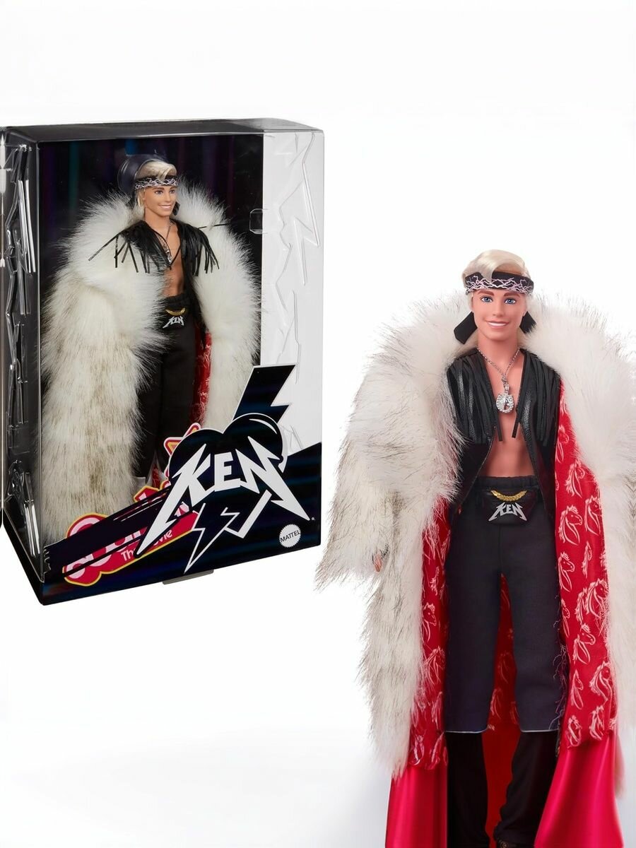 Кукла Barbie The Movie Collectible Ken, Кен из фильма Барби в шубе, черном жилете с бахромой и бандане