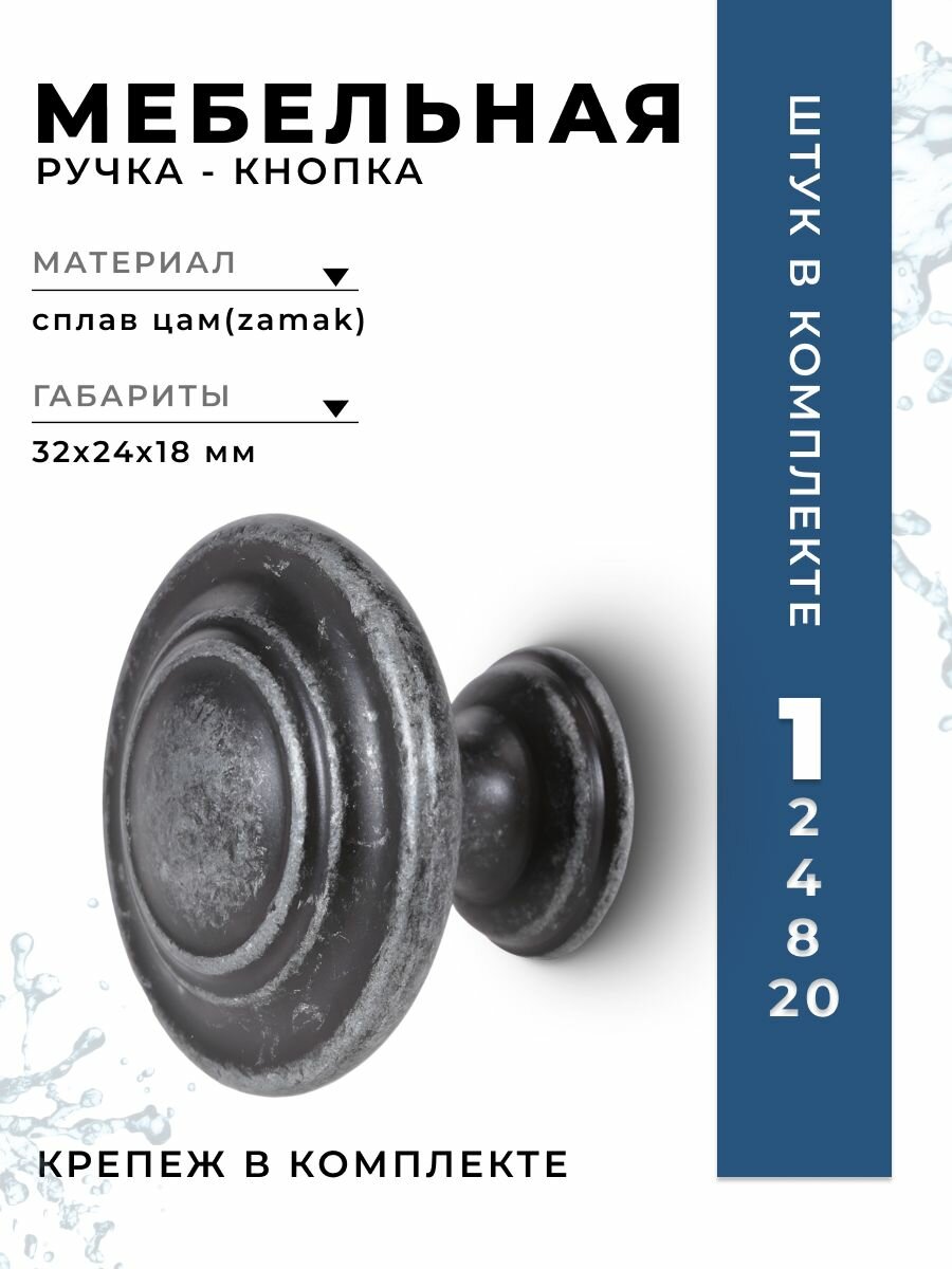 Ручка-кнопка Inred IN.01.5061.0. AS античное серебро, ручка для шкафов, комодов, кухни, для кухонного гарнитура, фурнитура для мебели