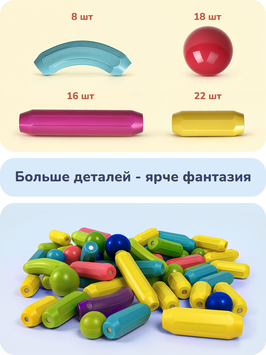 Магнитный конструктор Play Okay 64 детали, для мальчика и девочки, легко собирается, развивающий, цветные детали — фото 1