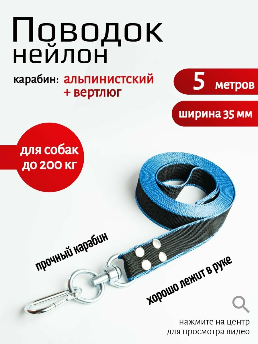Поводок Хвостатыч для собак с вертлюгом и альпинистским карабином нейлон 5 м х 35 мм (сине-черный)