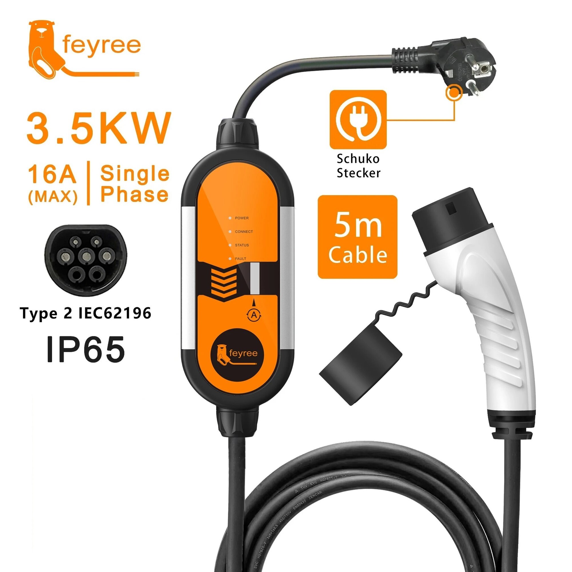 Портативная зарядная станция Feyree Schuko-Type2 от сети230В 3,5 кВт 16А 5м зарядный кабель для электромобиля