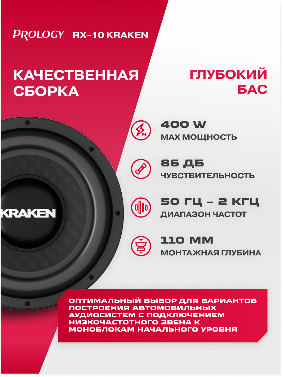 Сабвуфер автомобильный Prology RX-10" KRAKEN, 4 Ом, 10", 200/400 Вт