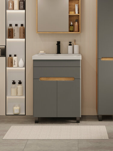 Изображение товара Тумба напольная Vannika Bliss 50 с раковиной Moduo 50 для ванной комнаты, графит софт