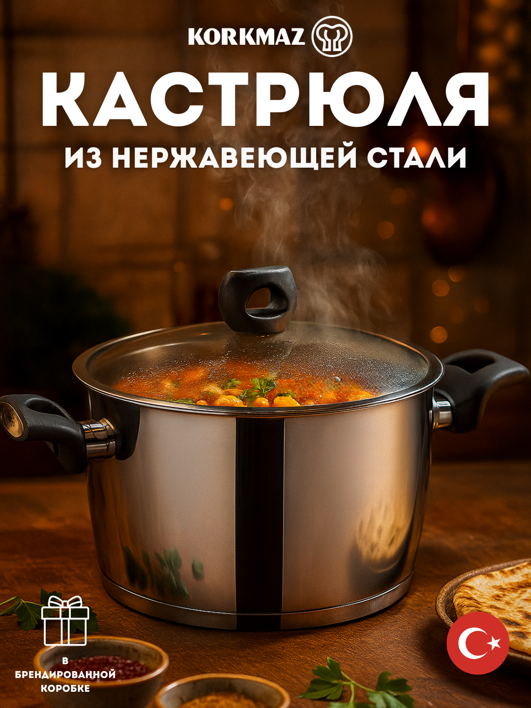 Кастрюля Korkmaz Nora A2992, нержавеющая сталь, 3,5л, 18/10, с крышкой