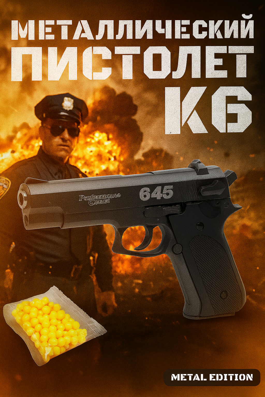 Пистолет металлический Air Sport Gun K-6 модели, стреляет пластиковыми пулями 3мм