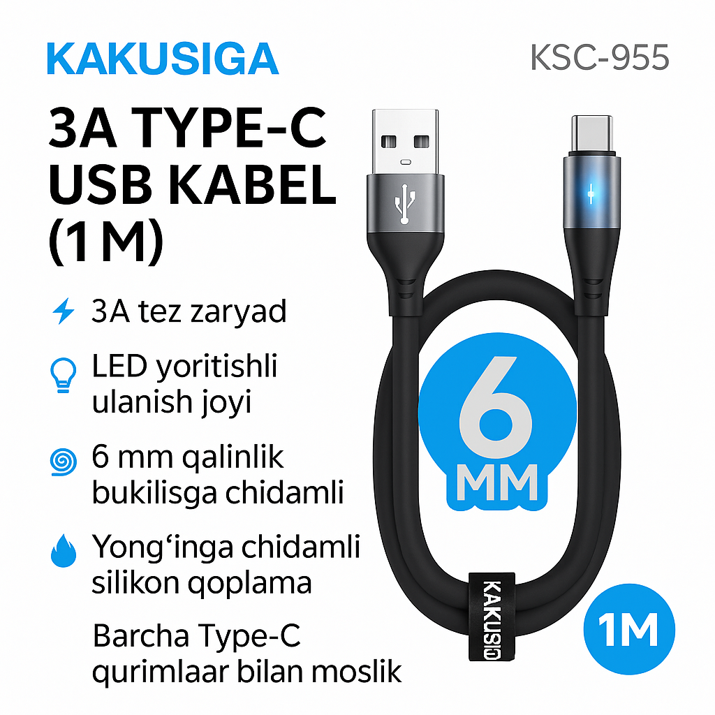 USB-кабель Kakusiga KSC-955 3A Type-C (1 м) | Толщина 6 мм | Быстрая зарядка | Светодиодная подсветка