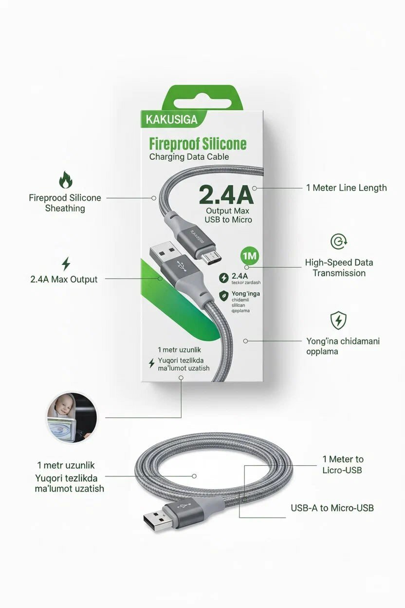 Огнестойкий кабель KAKUSIGA, силиконовый, 1 м, Micro USB, CAT8, 2,2 A, быстрозажимной