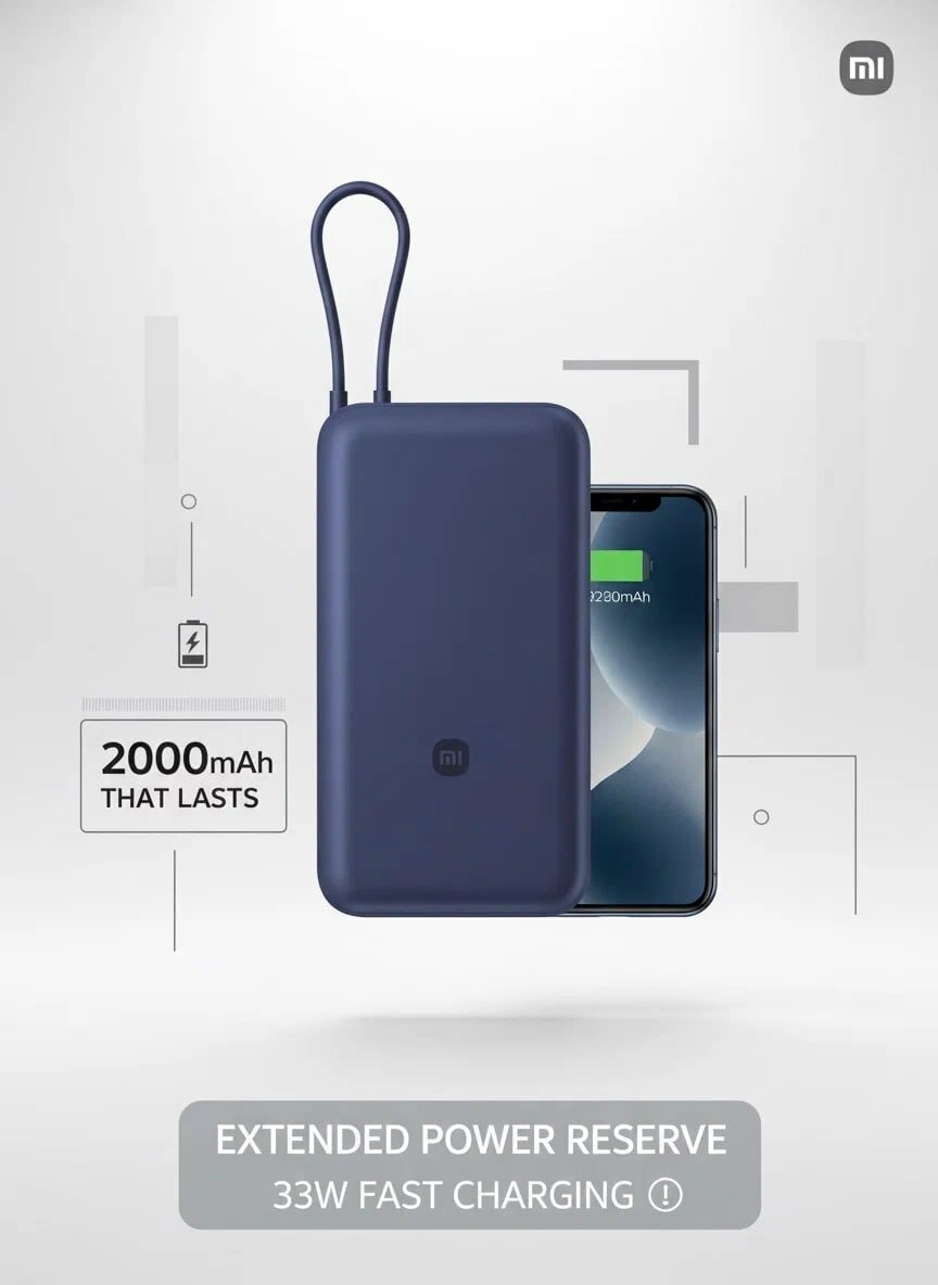 Портативный аккумулятор Xiaomi, 20000мАч, быстрая зарядка, встроенный кабель Type-C