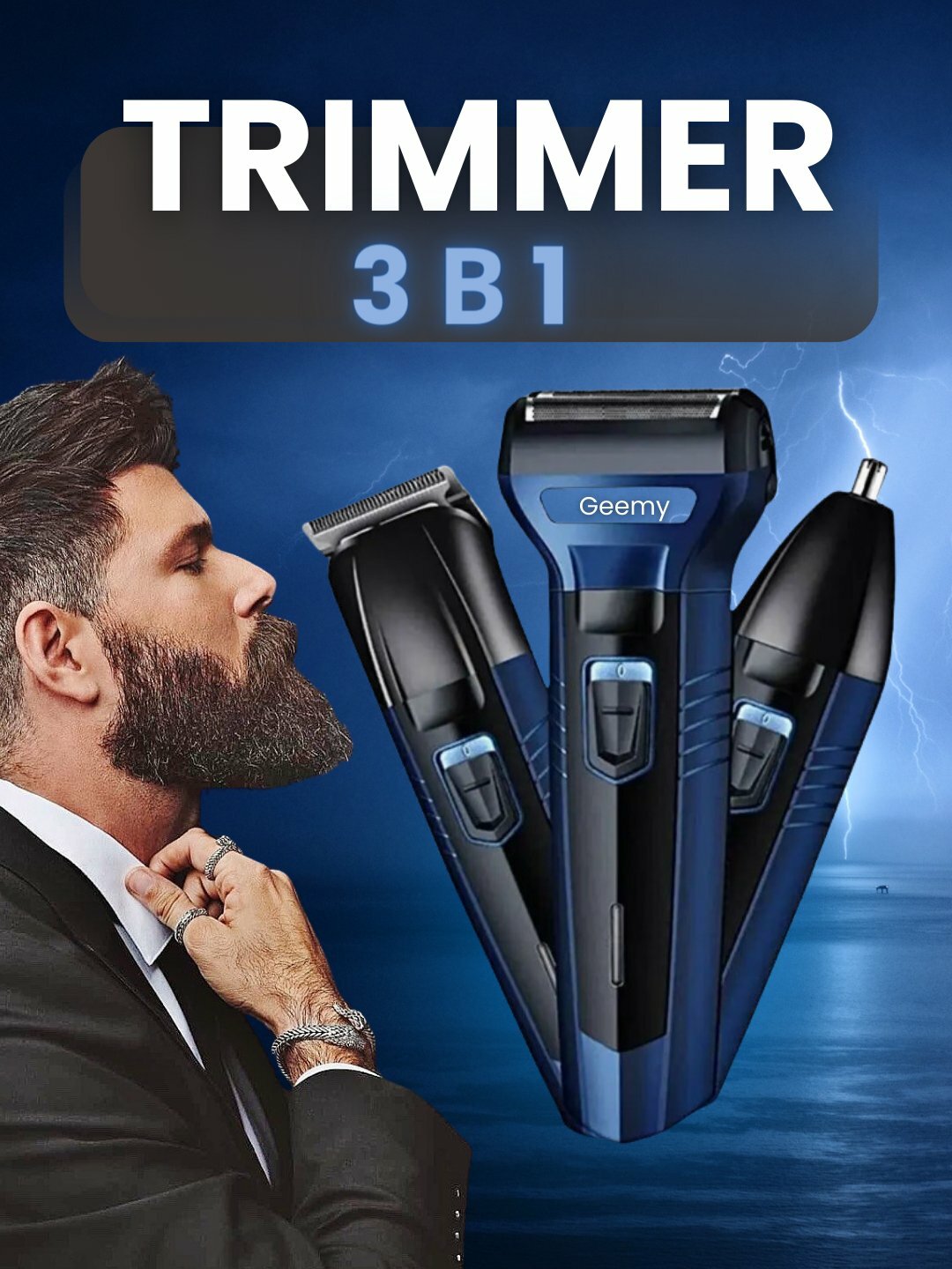 Триммер для стрижки волос, бороды и усов, для носа и ушей. Электробритва мужская 3 в 1 Geemy GM-566, темно-синий