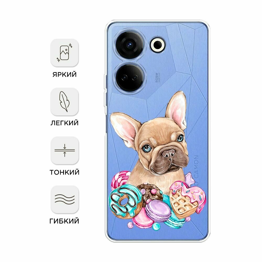 Чехол на Tecno Camon 20/20 Pro 4G / Текно Камон 20/20 Pro 4G с принтом "Бульдог и сладости", прозрачный — фото 1