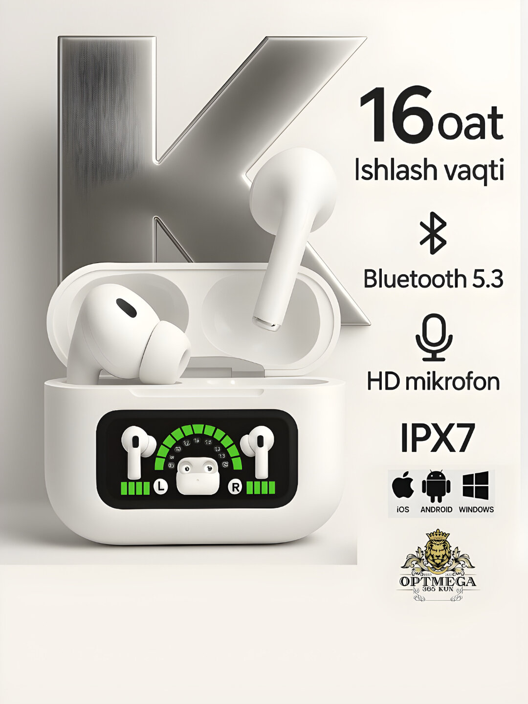 Беспроводные наушники K18 Max, PRO ANC/ENC мощные басы и длительная работа, Pods Pro - Белый