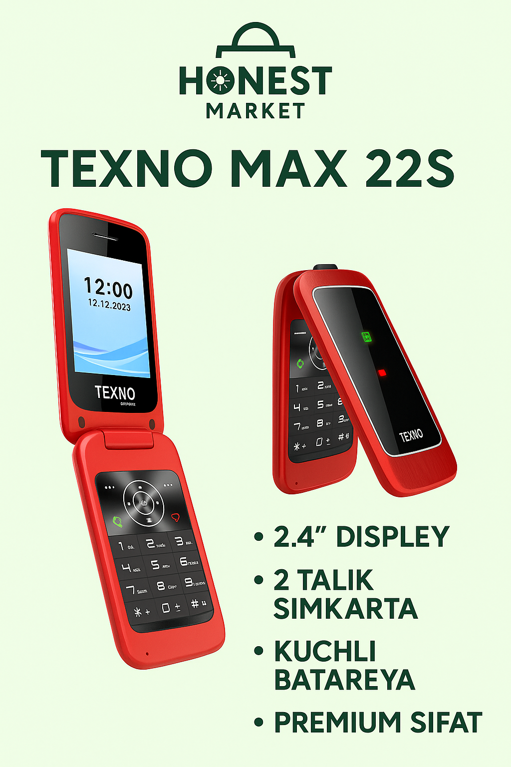 TEXNO MAX 22S — Раскладной телефон (две SIM-карты, большая батарея, мощный фонарик) красный
