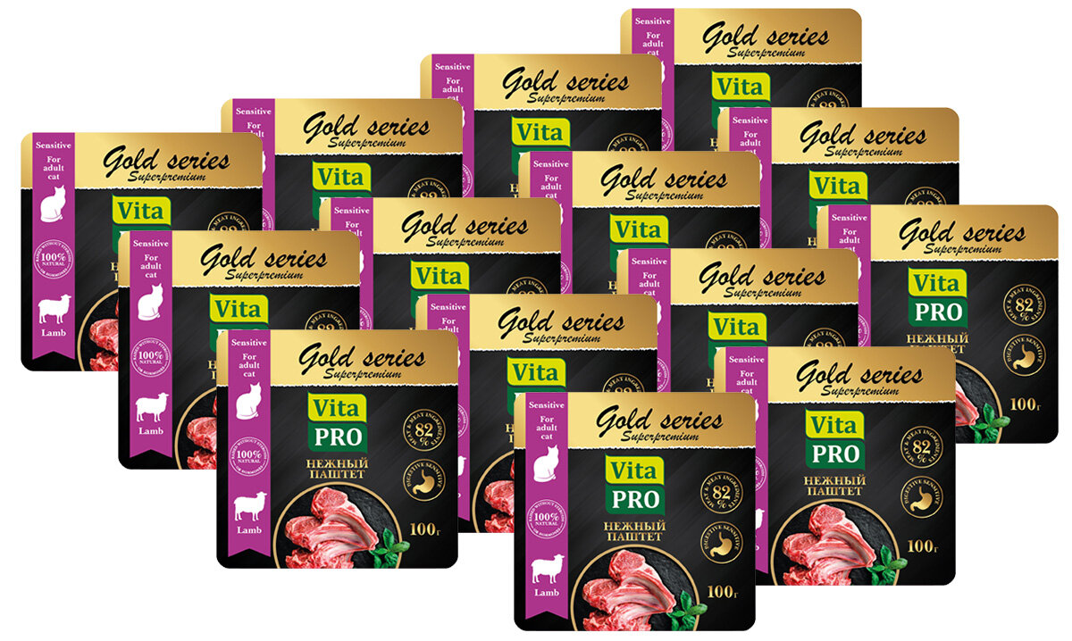 Корм влажный Vita Pro Gold для кошек с чувствительным пищеварением паштет ягнёнок 100 г х 14 шт