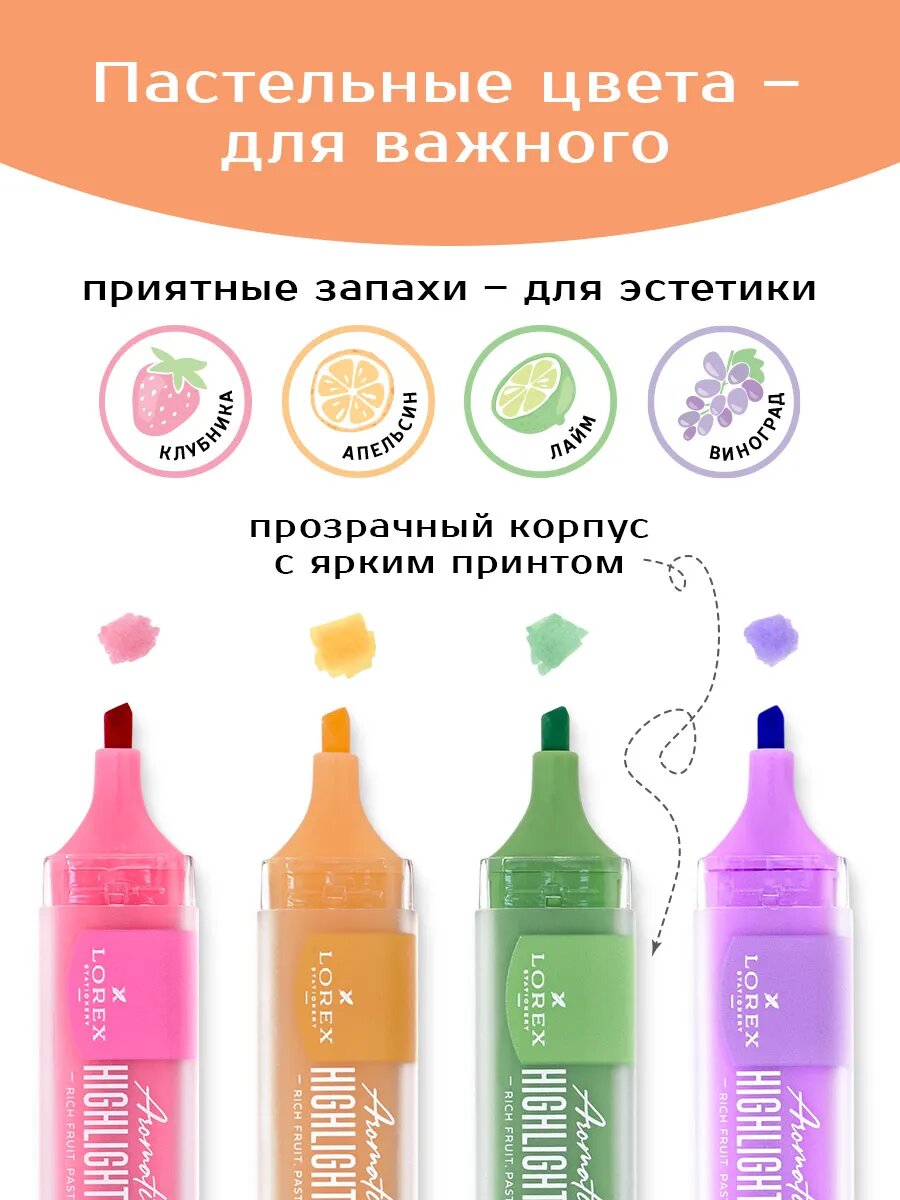 Текстовыделители с ароматом фруктов пастельные 4 цвета — фото 1
