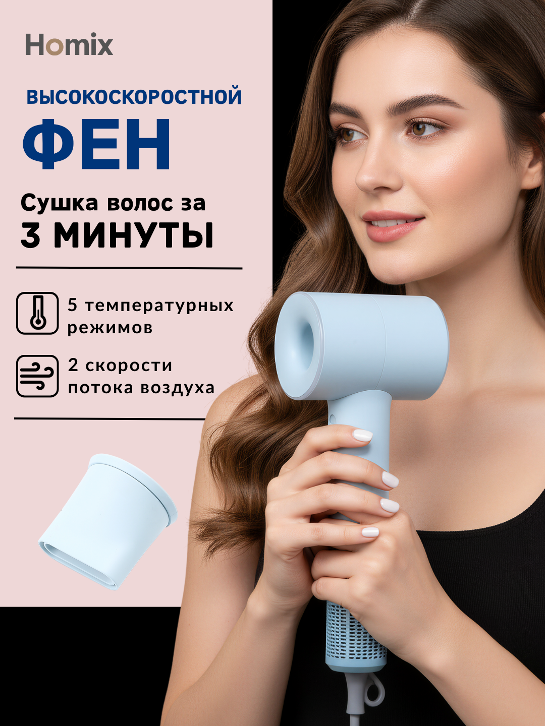 Фен Homix высокой скорости с ионизацией, для сушки и укладки