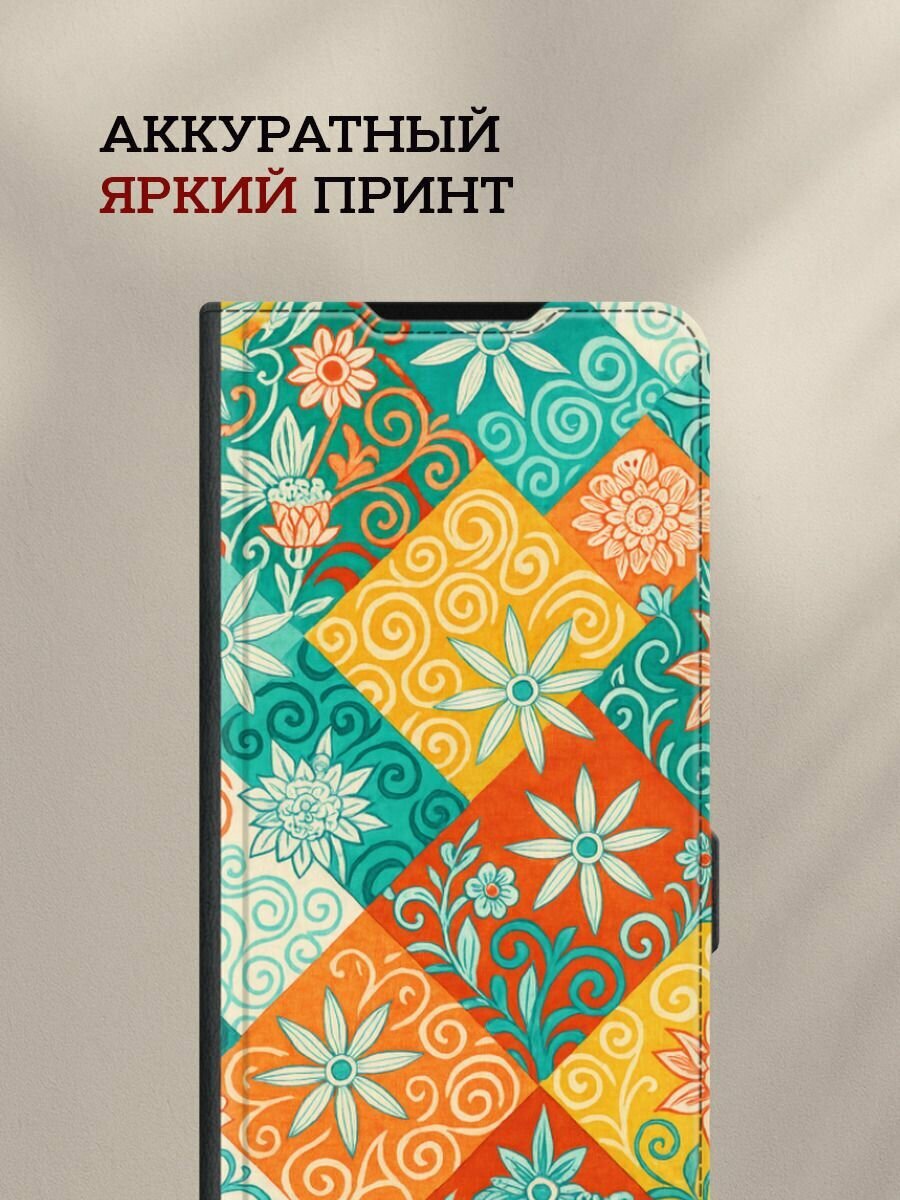 Чехол-книжка на Honor 90 Lite / Хонор 90 Лайт с принтом Цветочная мозаика, черный — фото 1
