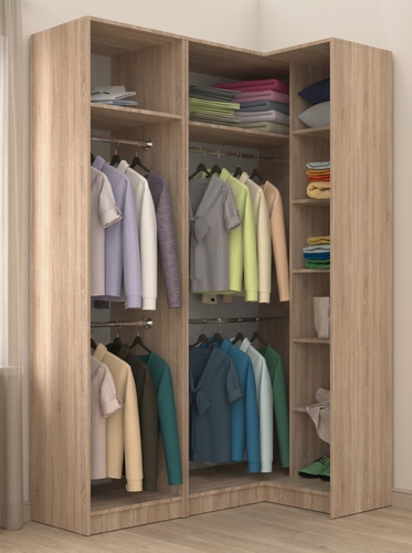 Изображение товара Открытый гардеробный угловой шкаф Макс-15 с 4 штангами для вешалок и 8 полками, ШхГхВ: 160х100х210 см, дуб сонома
