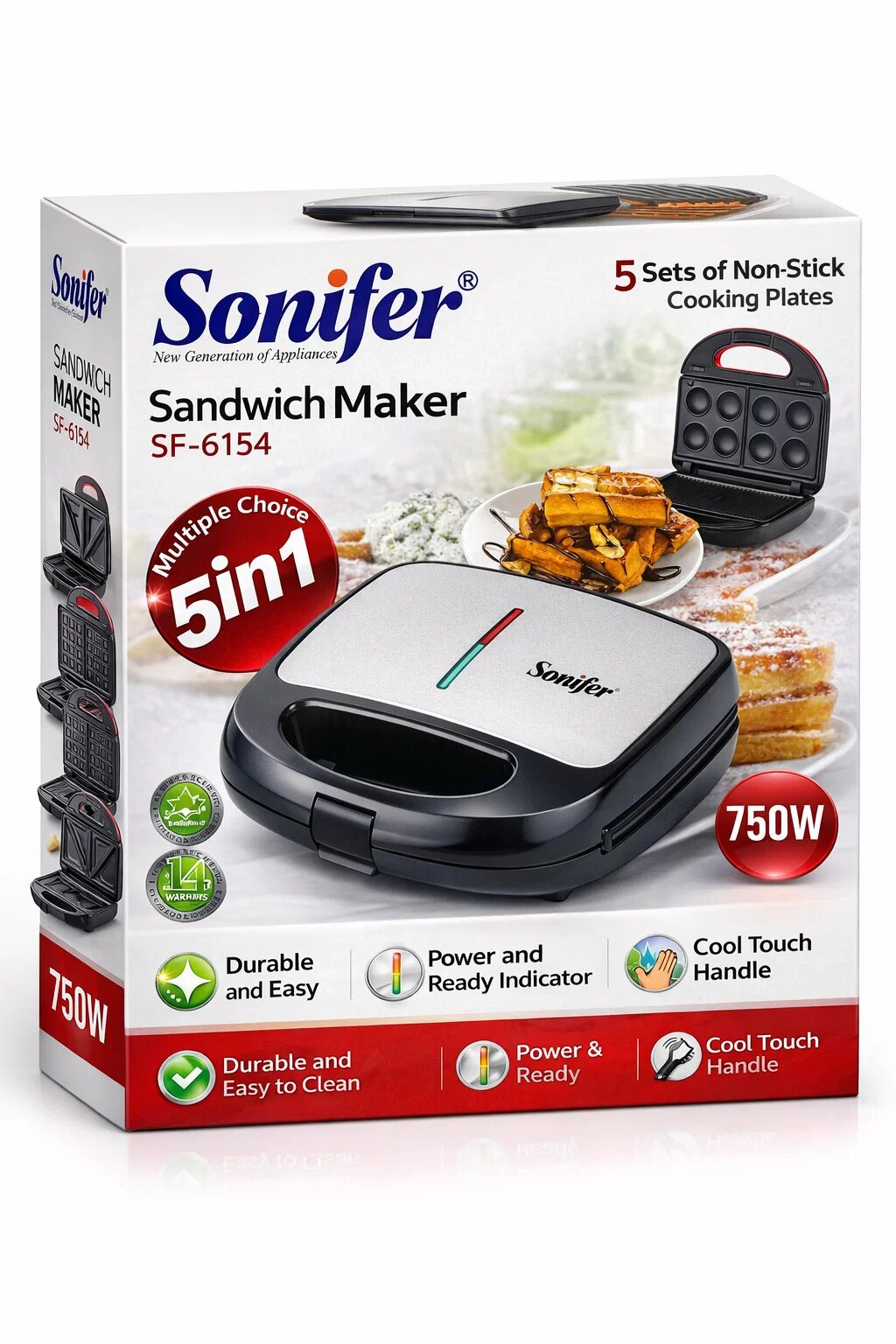 Сэндвичница Sonifer SF-6154 5-в-1, 750 Вт, 5 сменных панелей, антипригарное покрытие