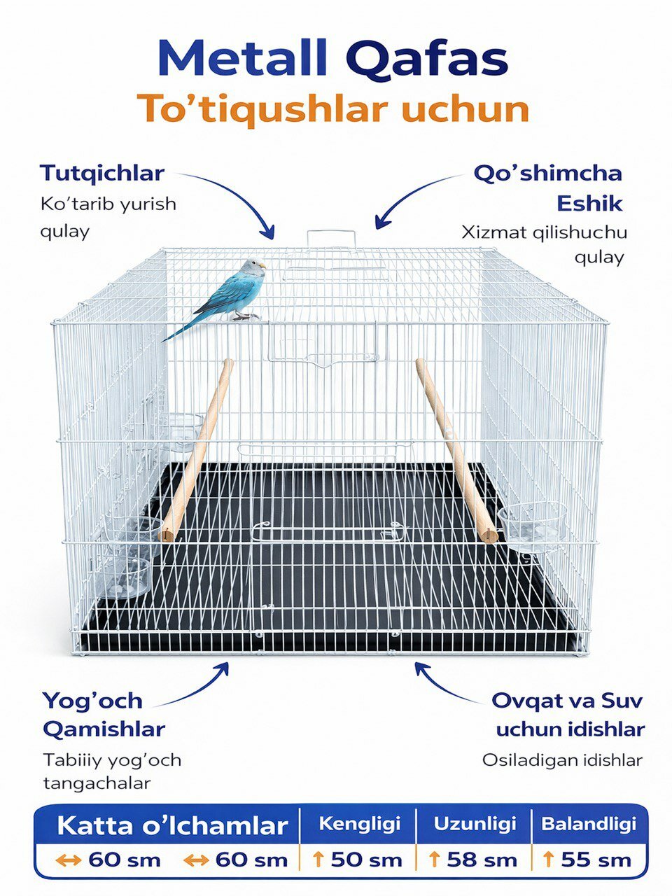 Прочная и удобная клетка для Крупных птиц(Вольер)– 92 x 58 x 50 см (614)Белый