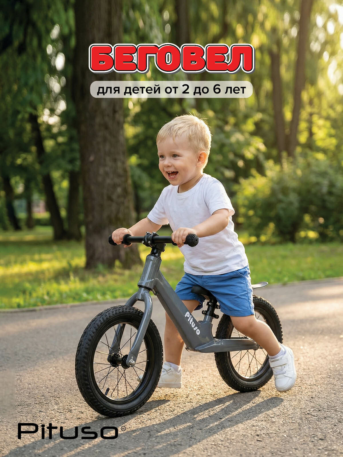 Беговел Pituso Ritmo Magnesium, надувные колеса AIR 14", заднее крыло Grey/Серый велобег детский