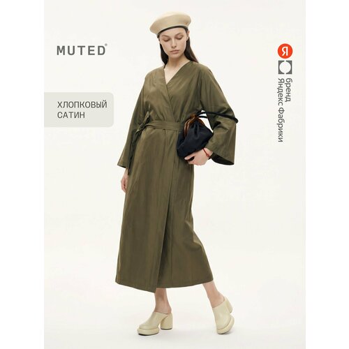 фото Платье muted с запахом из хлопкового сатина, размер xl, темно-зеленый