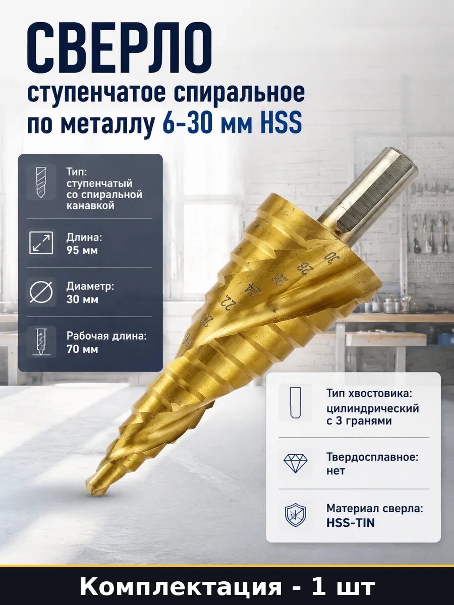 Сверло ступенчатое спиральное по металлу 6-30 мм HSS