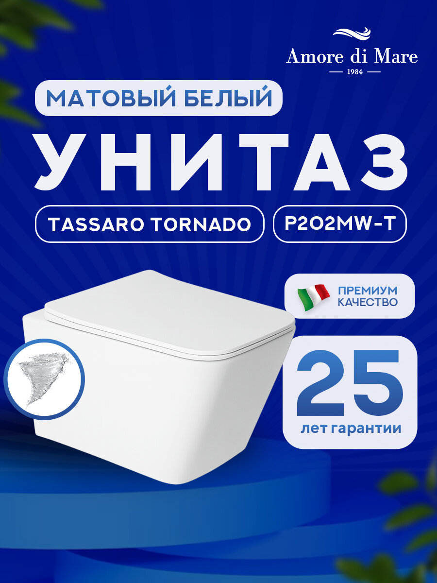 Унитаз Amore di Mare Tassaro Tornado P202MW-T Matte White, белый матовый, фарфоровый, сиденье с микролифт