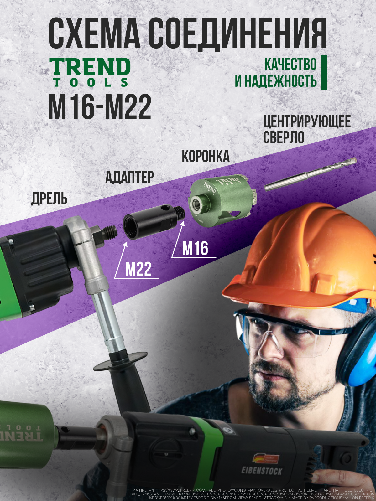 Переходник Trend Tools М16-M22 для алмазной коронки для дрели, перфоратора, — фото 1