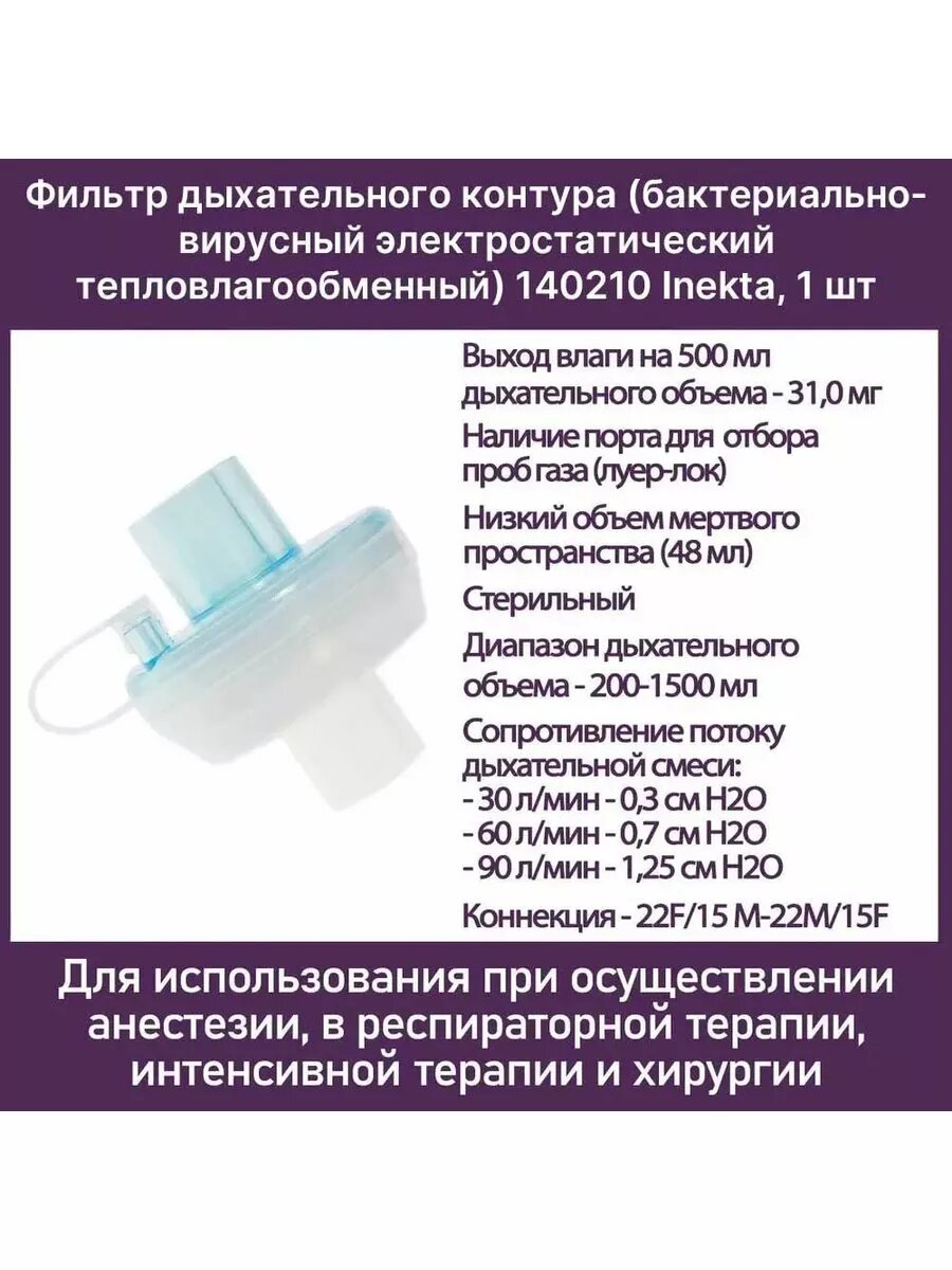 Фильтр дыхательного контура бактериально вирусный электростатический тепловлагообменный 140210 140110 новый код Inekta 1 шт