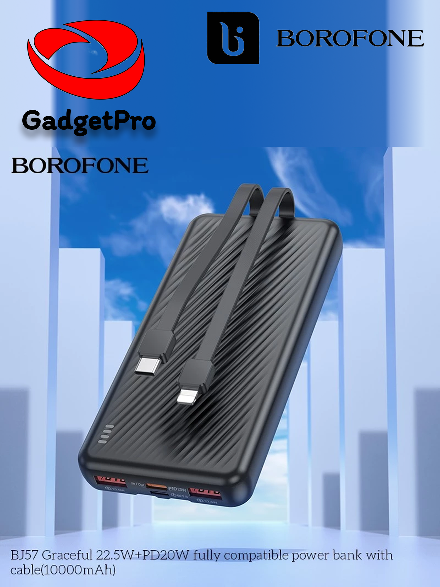 Внешний аккумулятор BOROFONE BJ80, 10000 mAh, быстрая зарядка, зарядка двух устройств, фонарик, чёрный